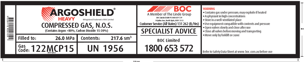 122MCP15 BOC ARGOSHIELD HEAVY 18% CO2 IN AR MCP15 SIZ